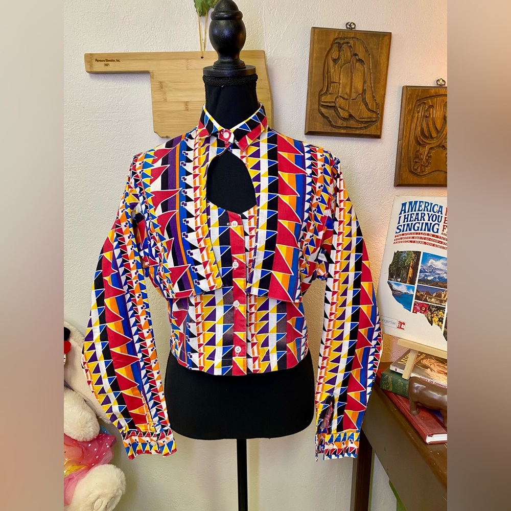 Vtg Frontier Series Western Cowgirl Aztec Geometric Top “Cape” Layered Front MED